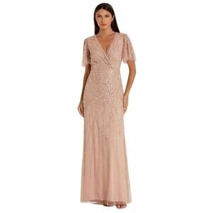 Mac Duggal 35109 Surplice Bodice Embellished Gown Flutter Sleeve Nude Size 6